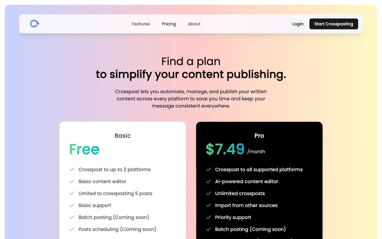 Crosspost — pricing page