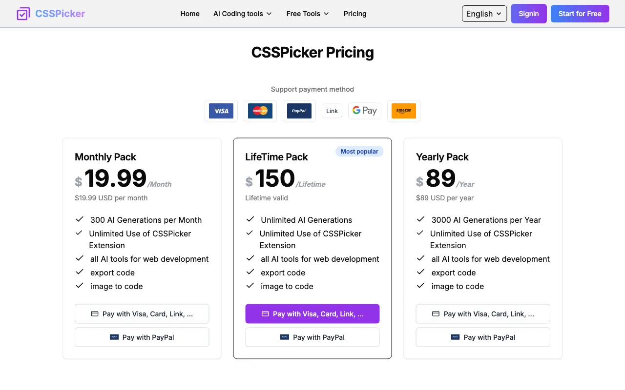 CSSPicker — pricing page