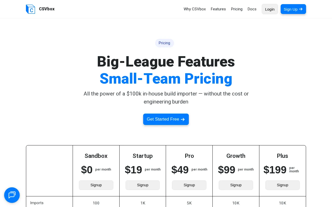 csvbox — pricing page