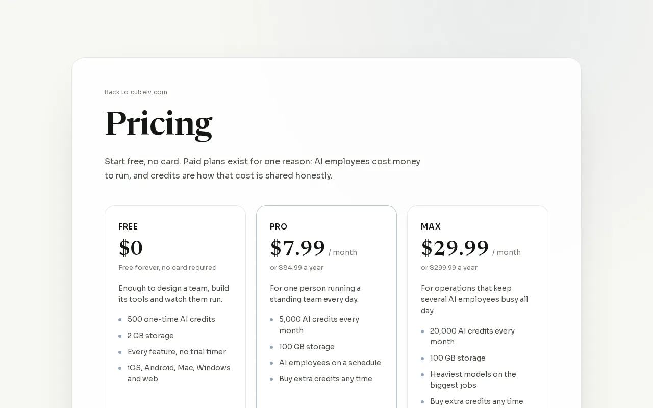 Cubelv — pricing page