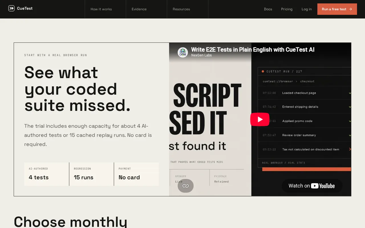 CueTest — pricing page