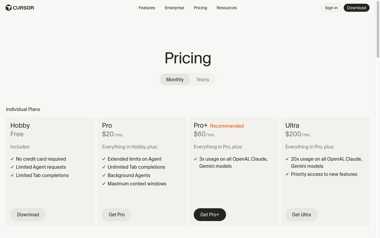 cursor.sh — pricing page