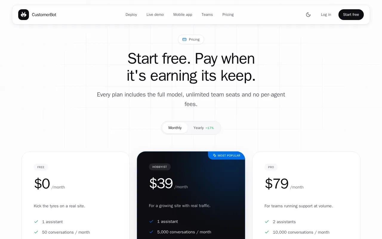 CustomerBot — pricing page