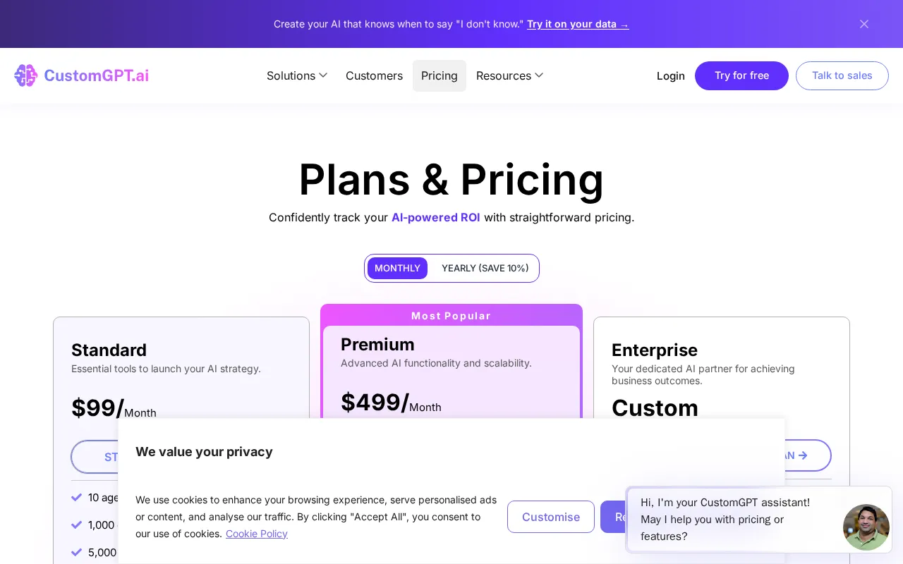 CustomGPT.ai — pricing page