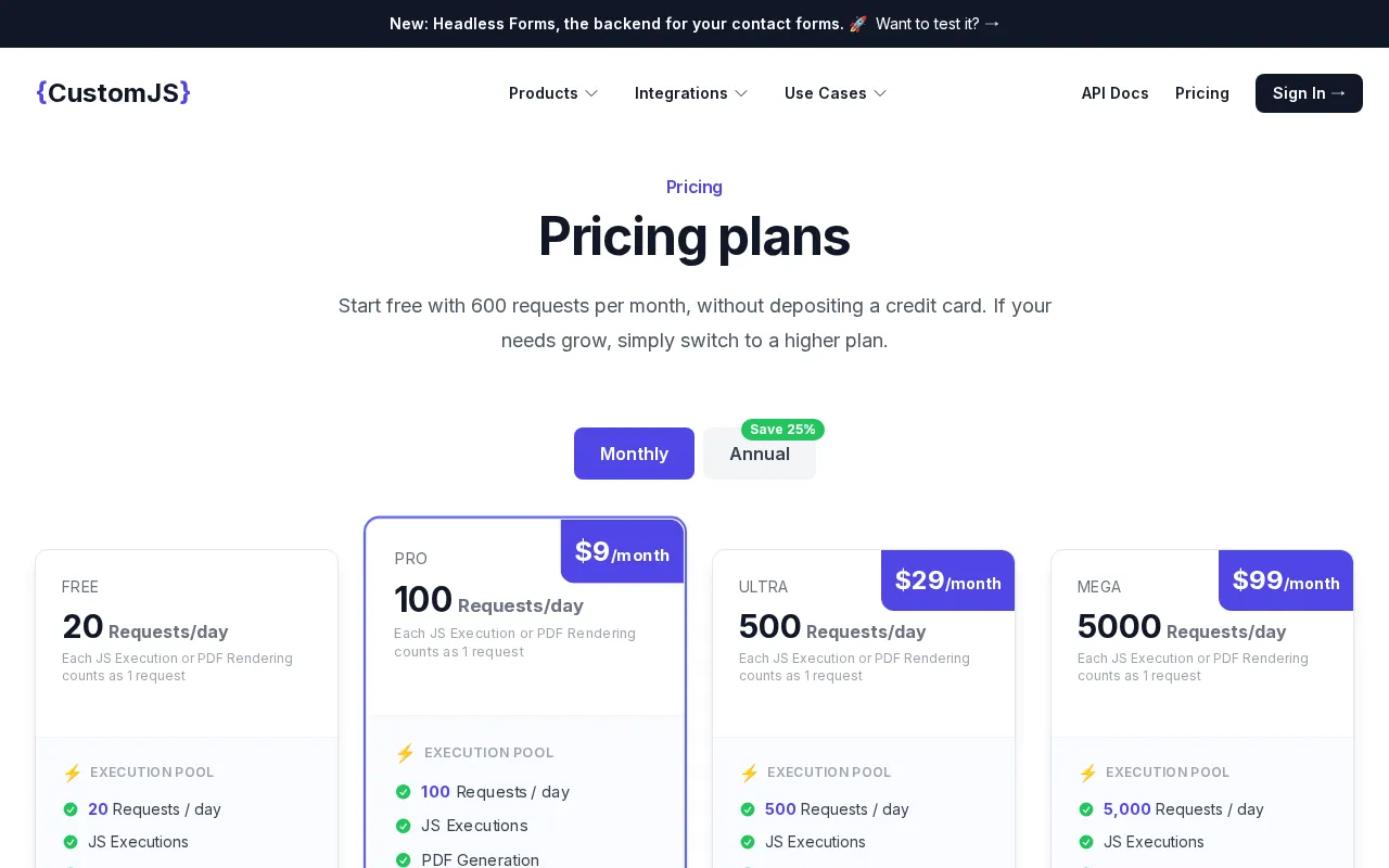 Customjs — pricing page