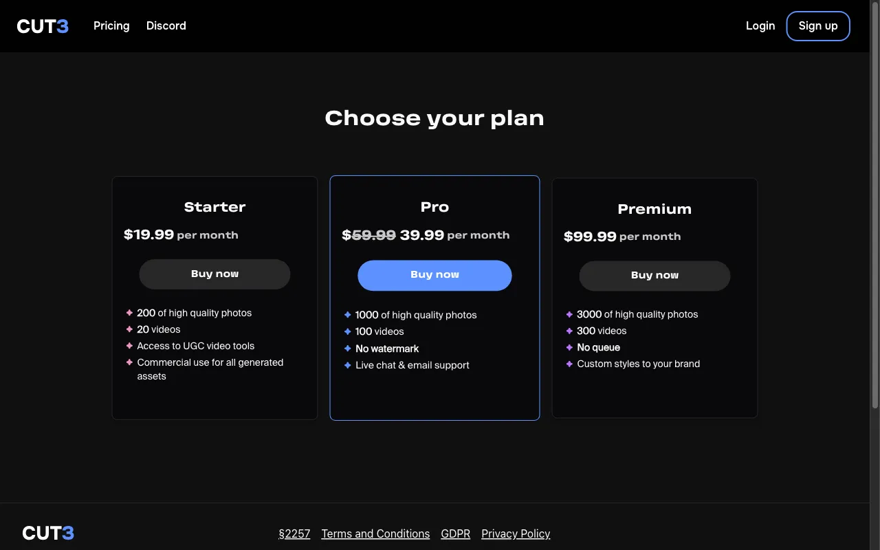 CUT3 — pricing page