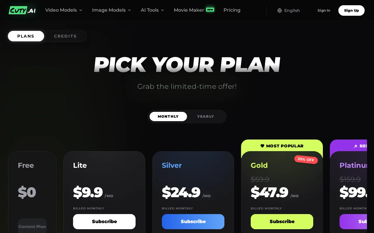 Cuty AI — pricing page