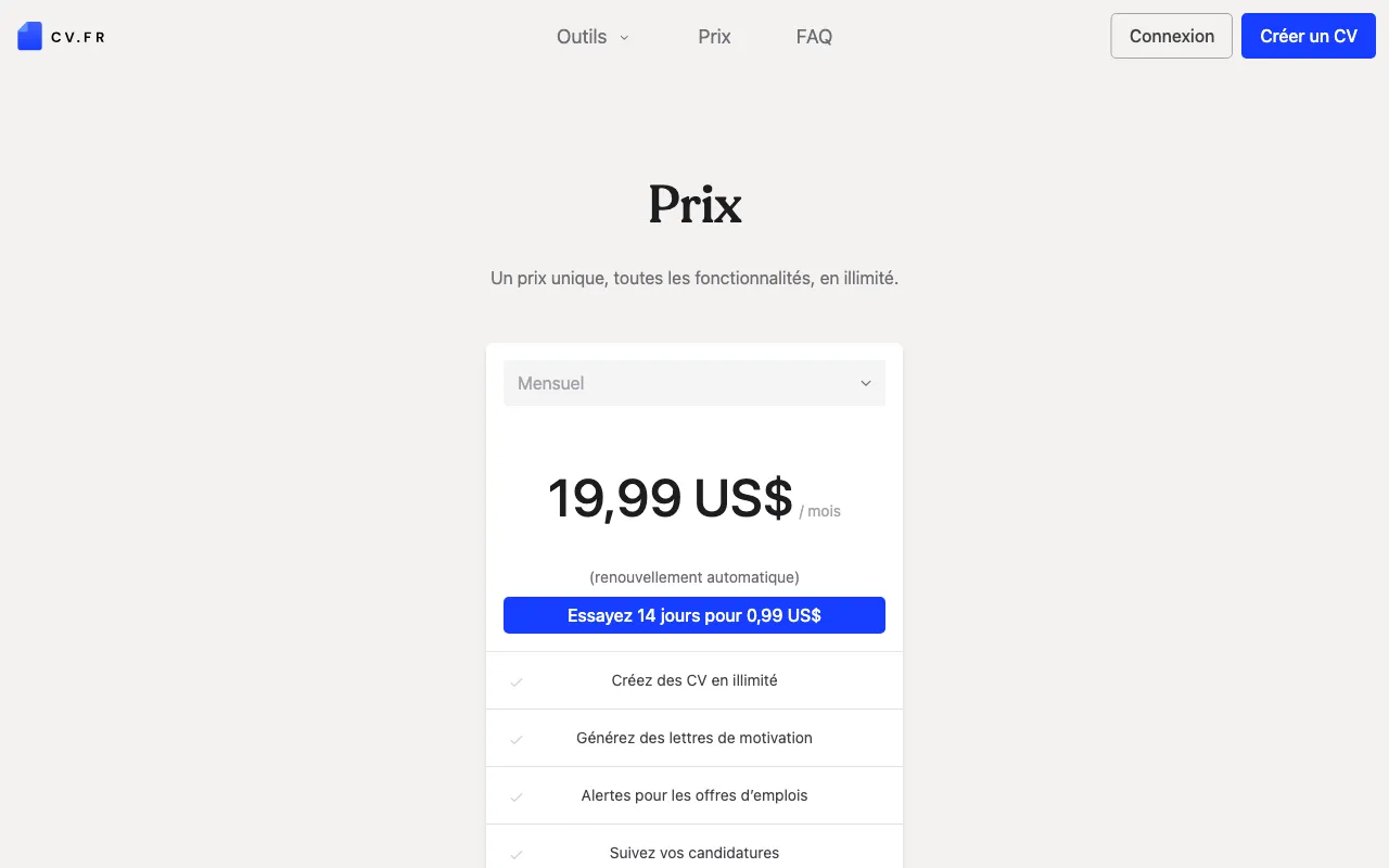 CV.fr — pricing page