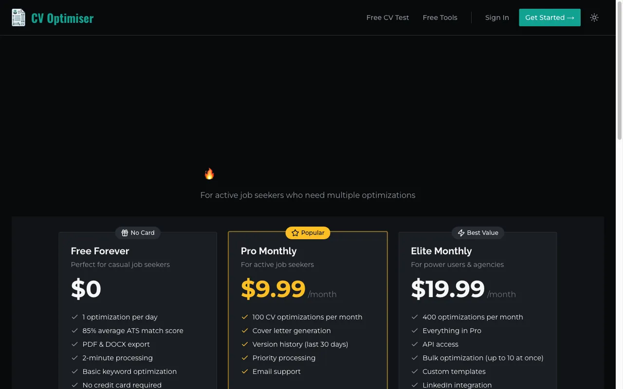 CV Optimiser — pricing page
