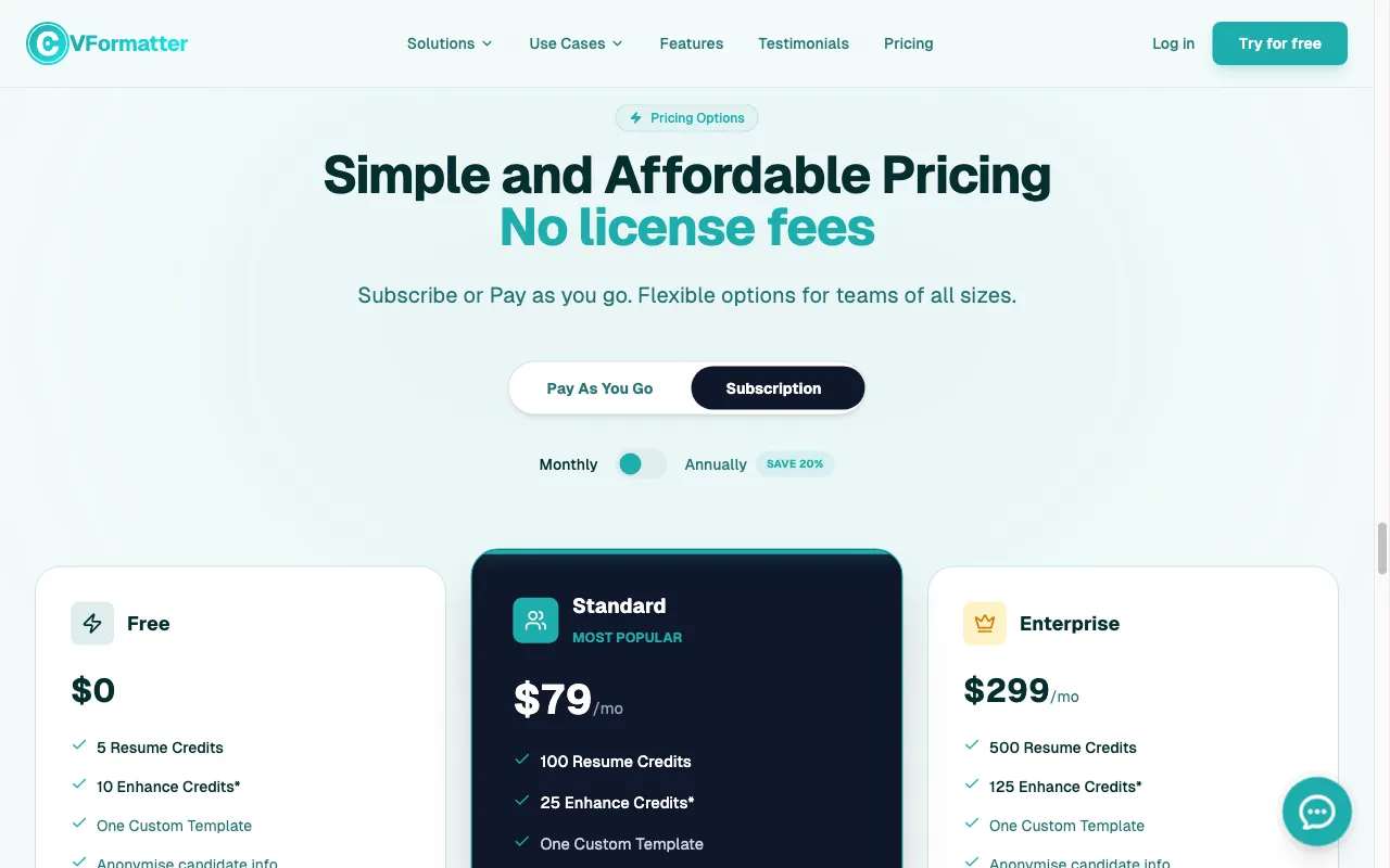 CVFormatter — pricing page
