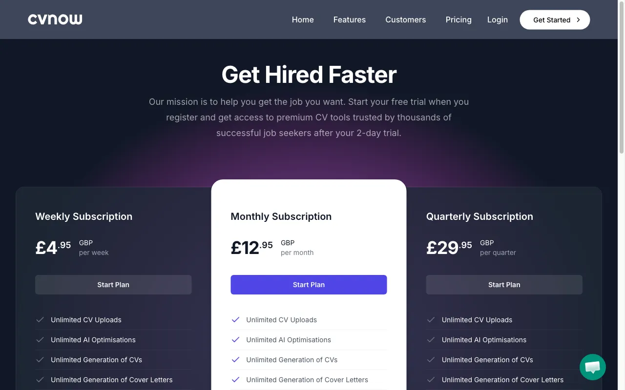 cvnow.ai — pricing page