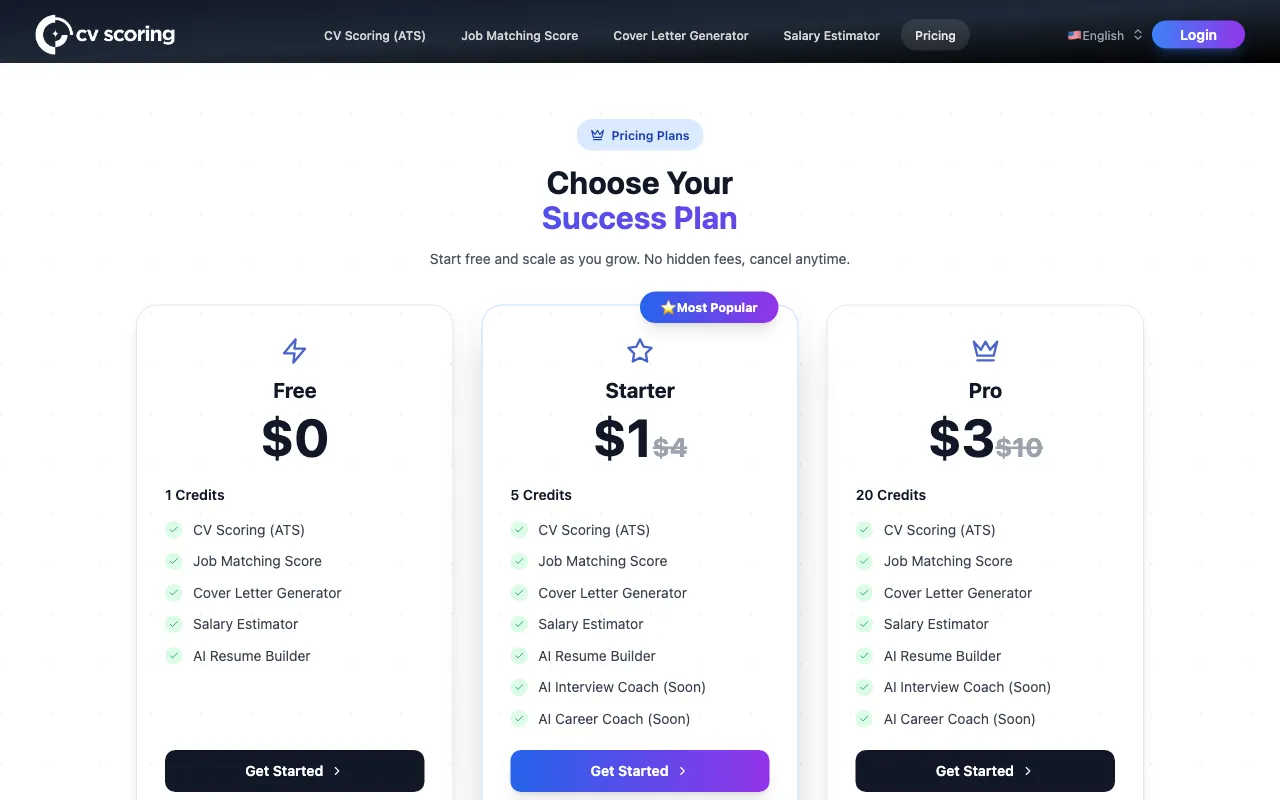 CV Scoring — pricing page