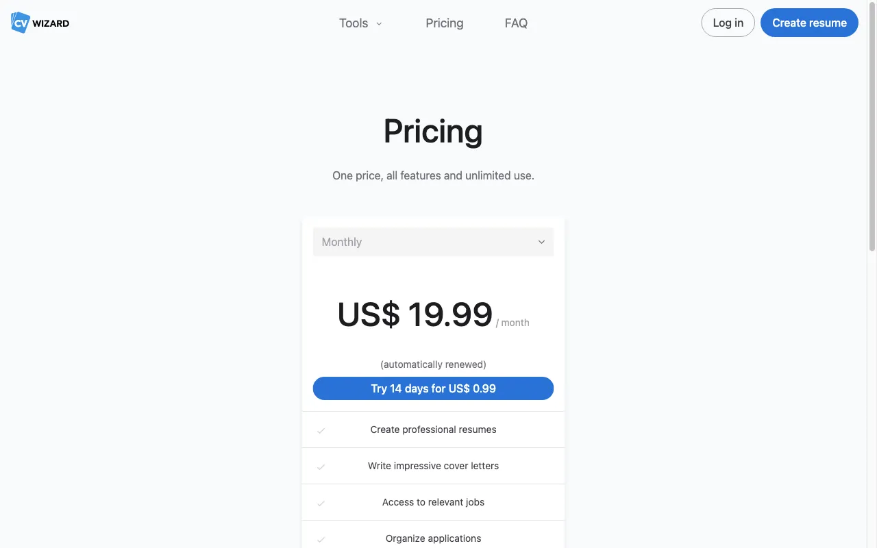 CVwizard — pricing page