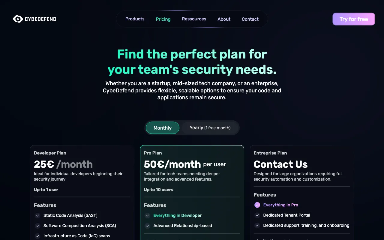 CybeDefend — pricing page