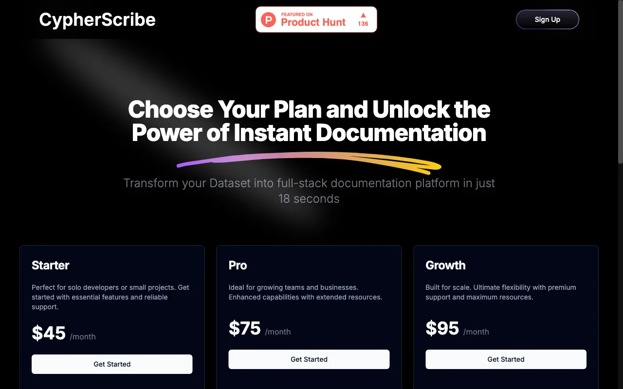 CypherScribe - Transform Data into Developer Docs Instantly — pricing page