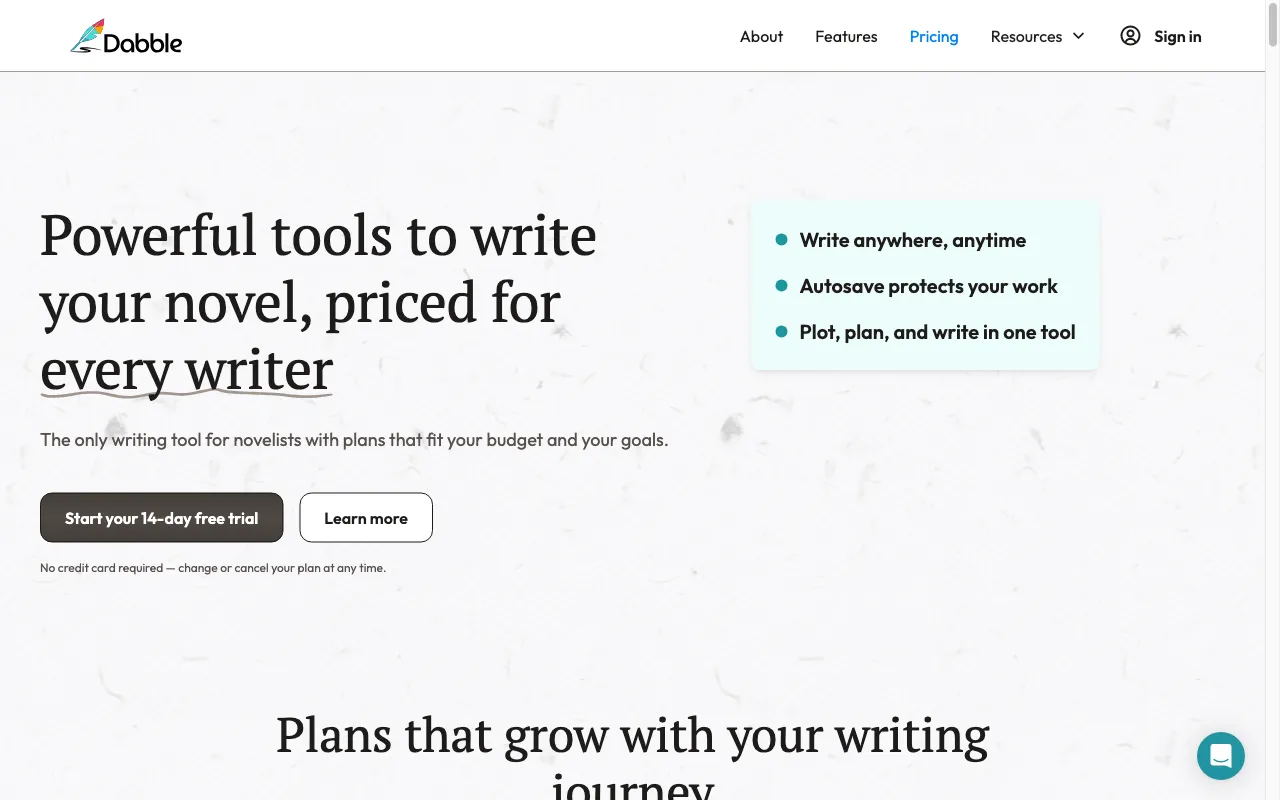 Dabble Book Writing Software — pricing page