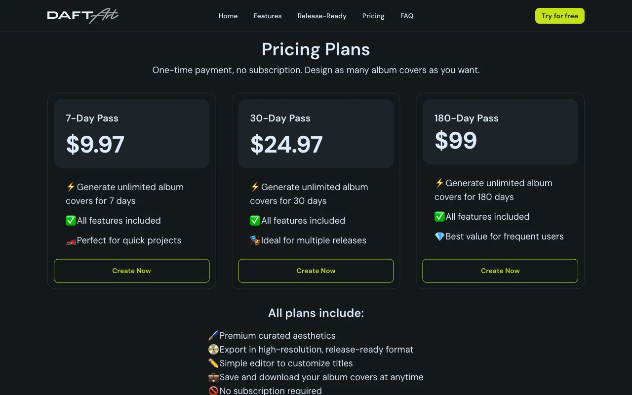 Daft Art — pricing page