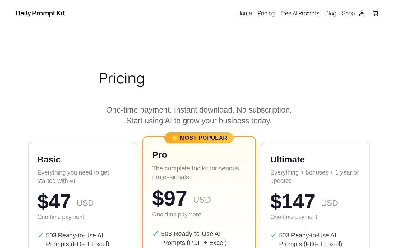 Daily Prompt Kit — pricing page