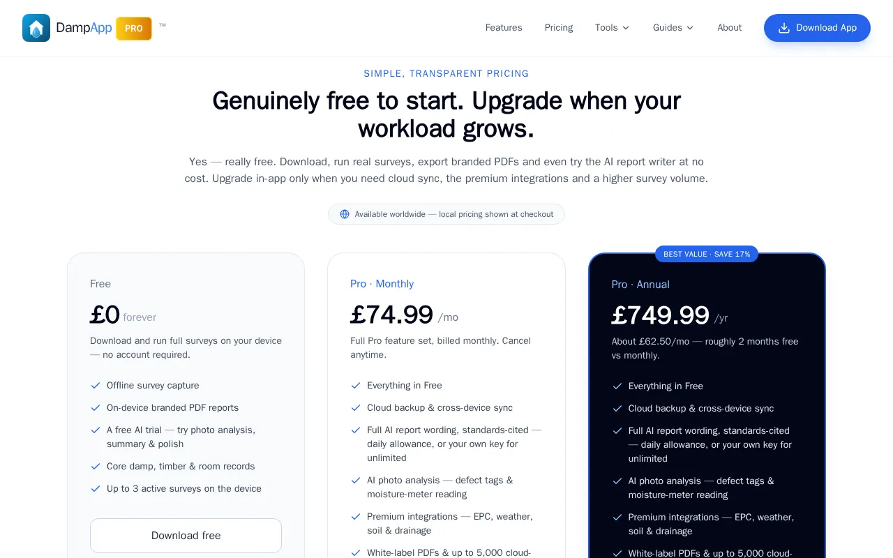 DampApp Pro — pricing page