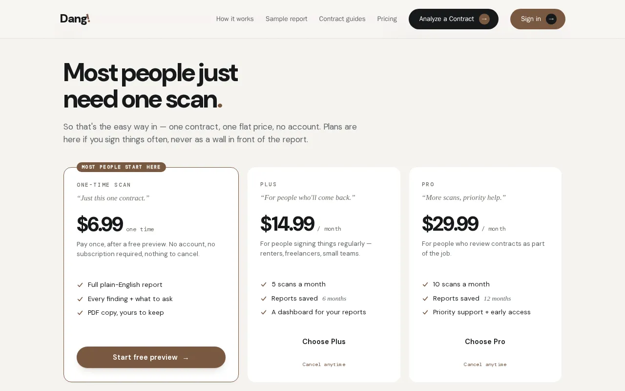 Dang! — pricing page