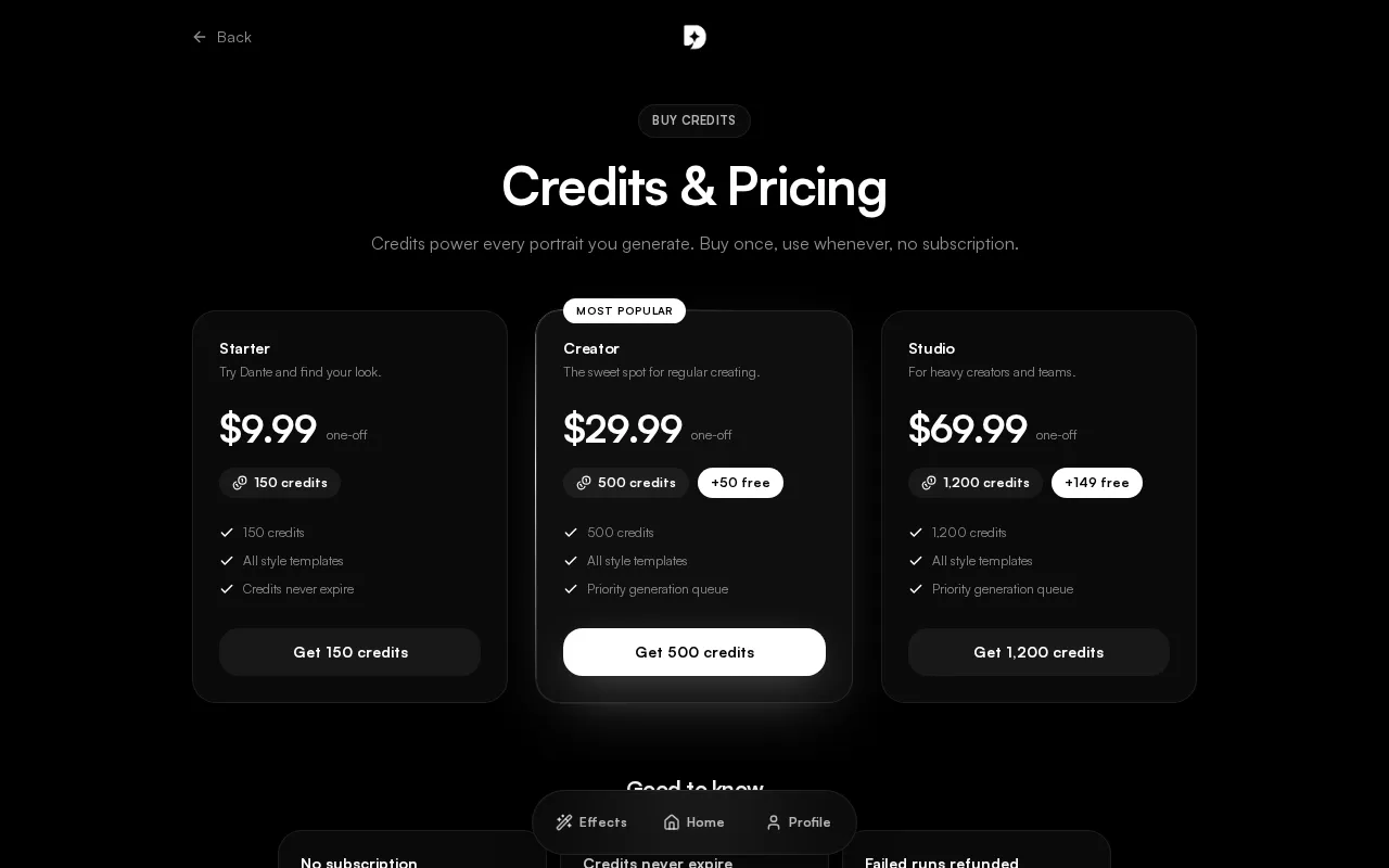 Dante — pricing page