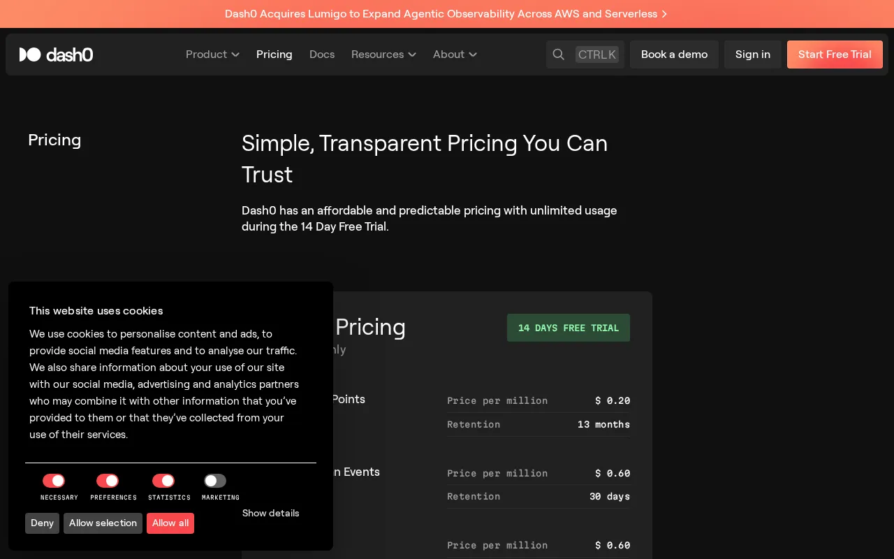 Dash0 — pricing page