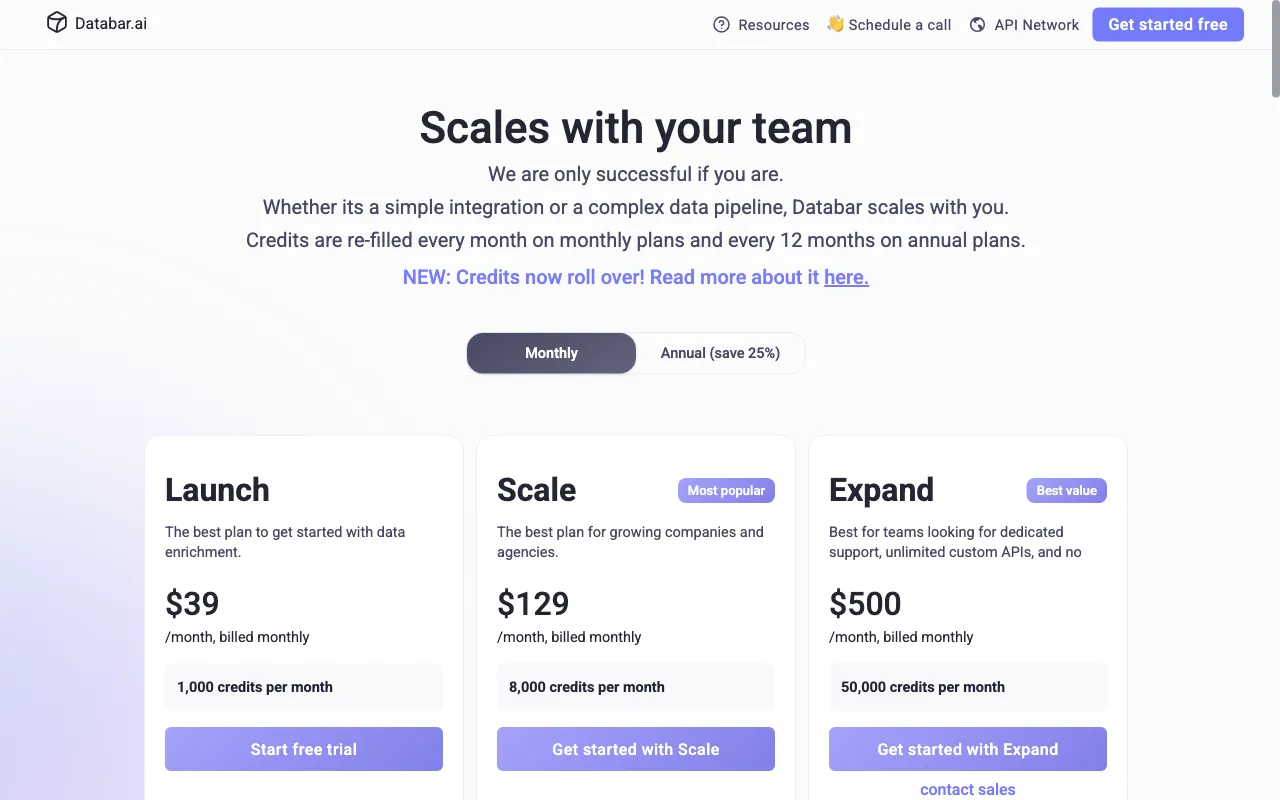 Databar.ai 2.0 — pricing page