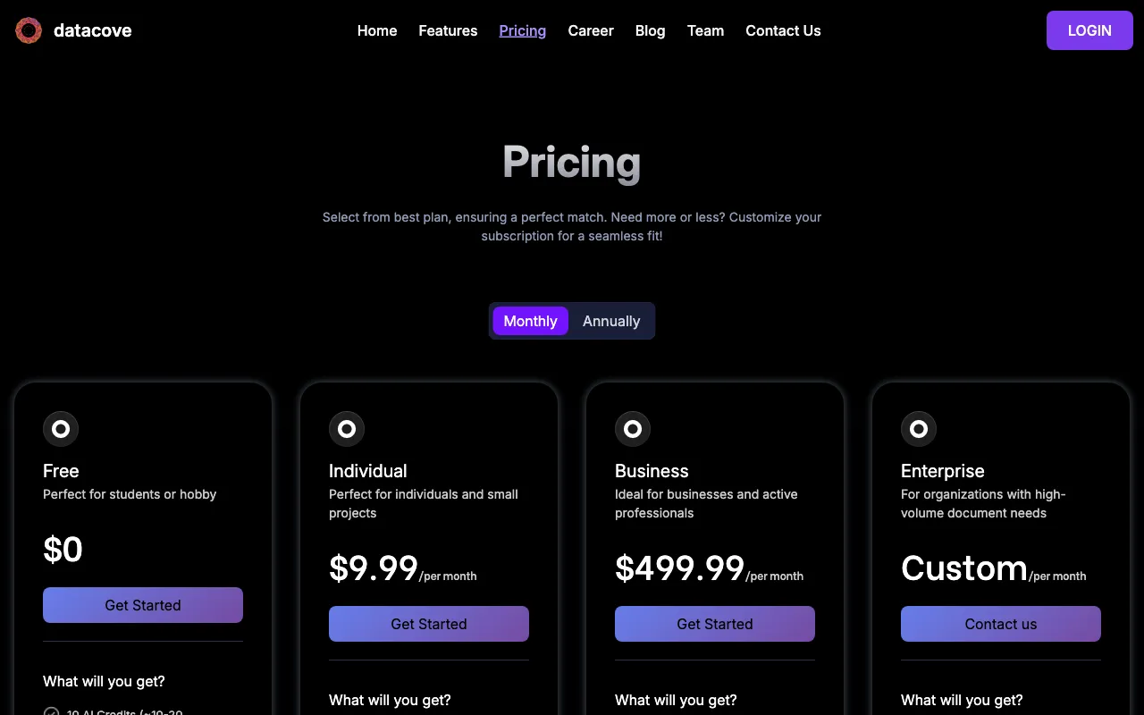 datacove — pricing page