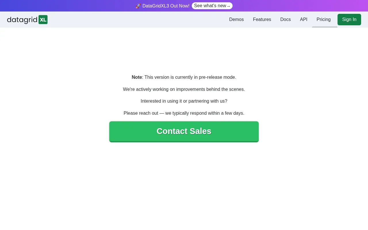 DataGridXL — pricing page