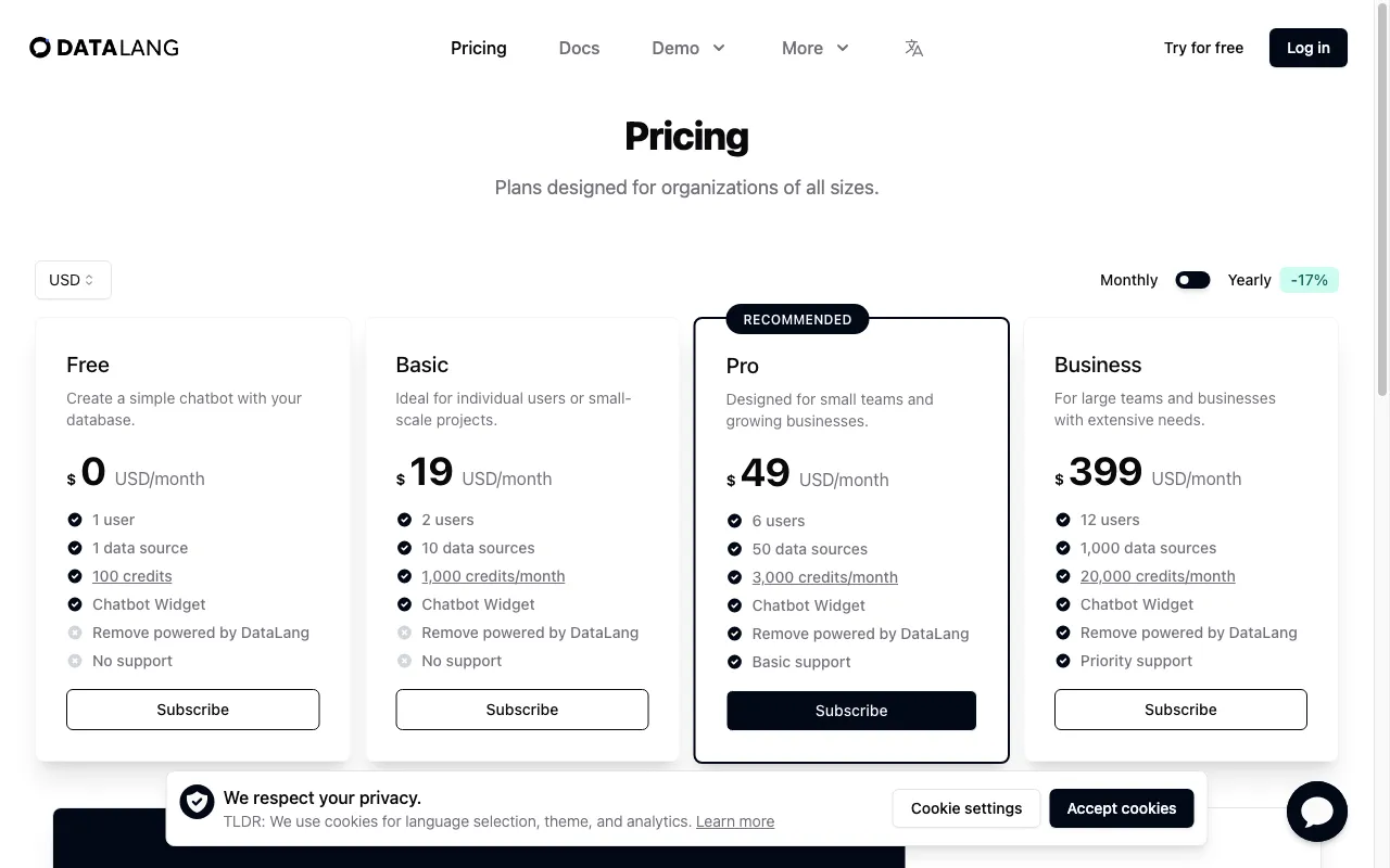 DataLang — pricing page