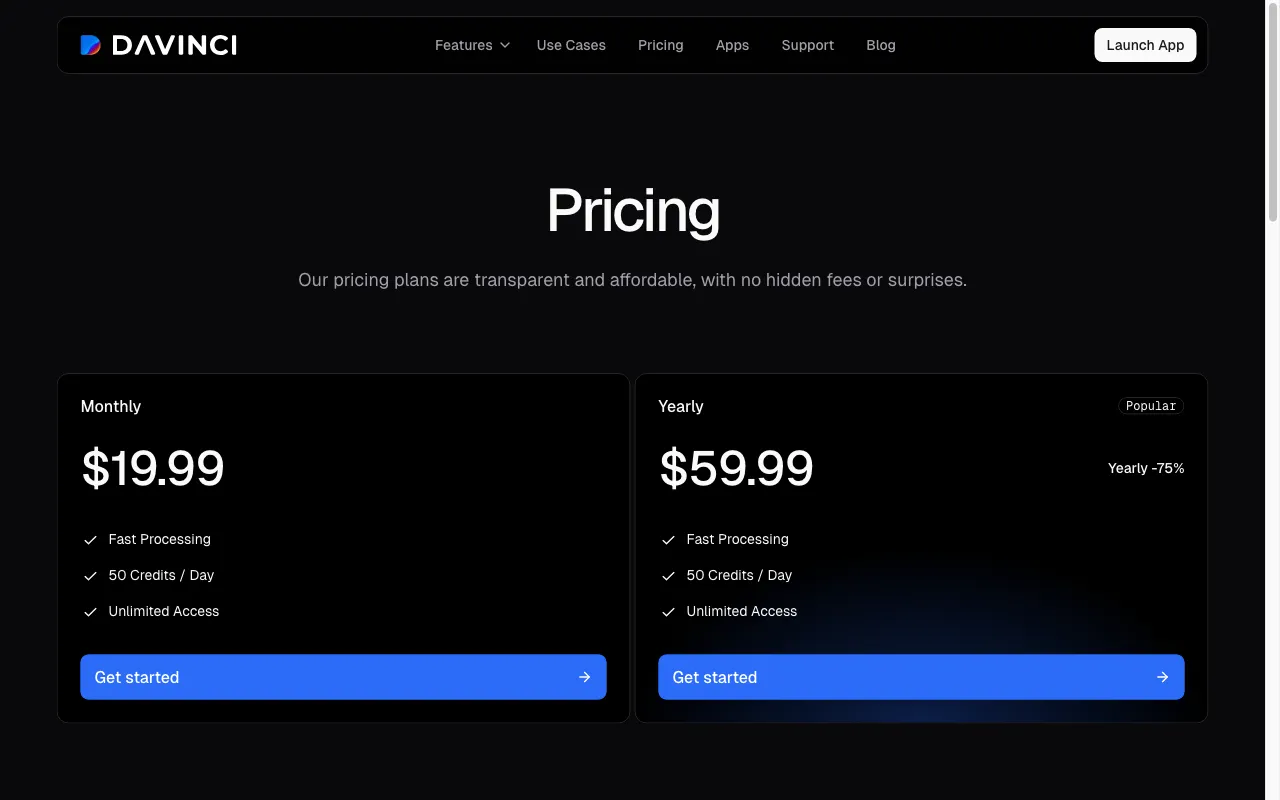 davinci.ai — pricing page