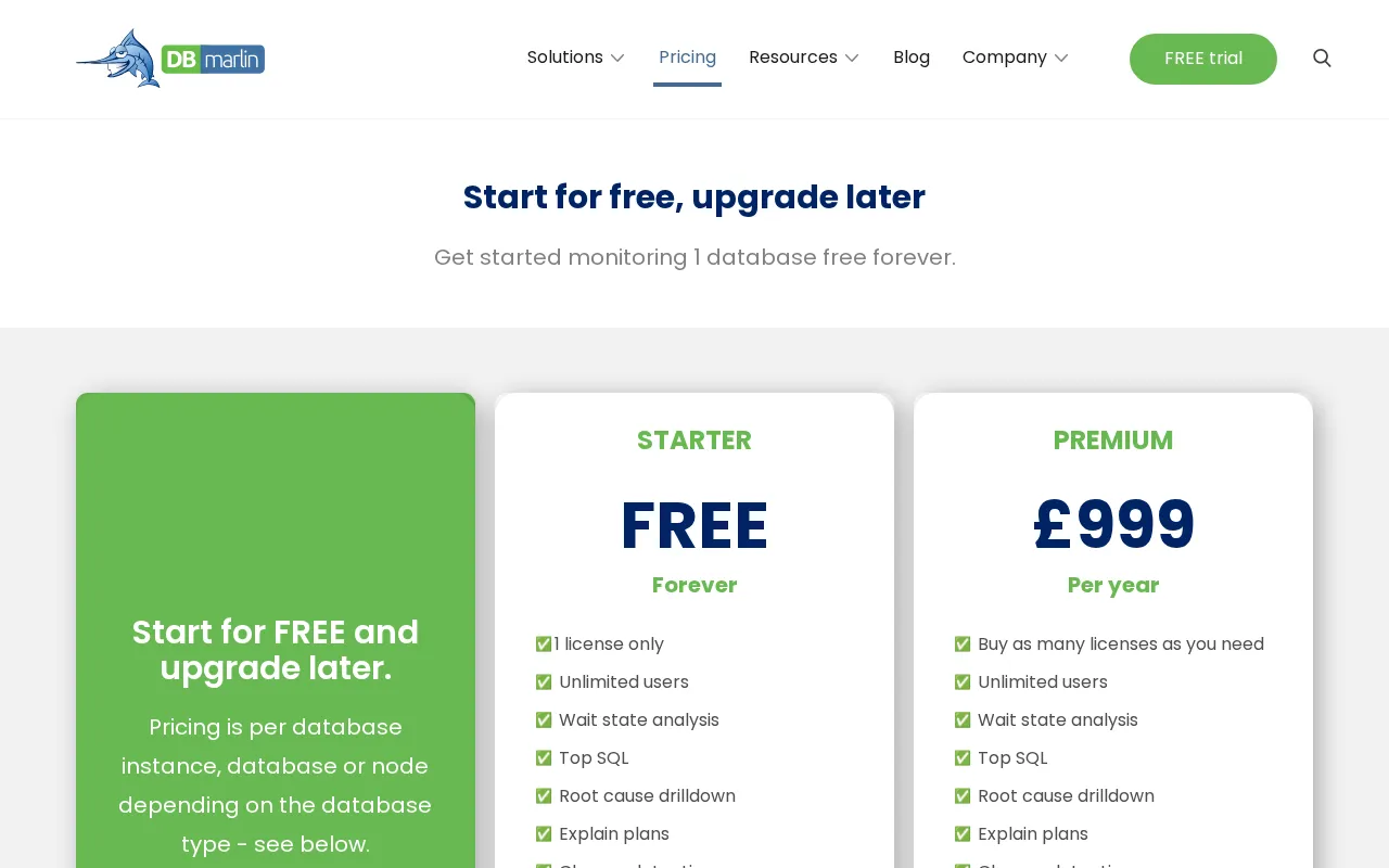 DBmarlin — pricing page