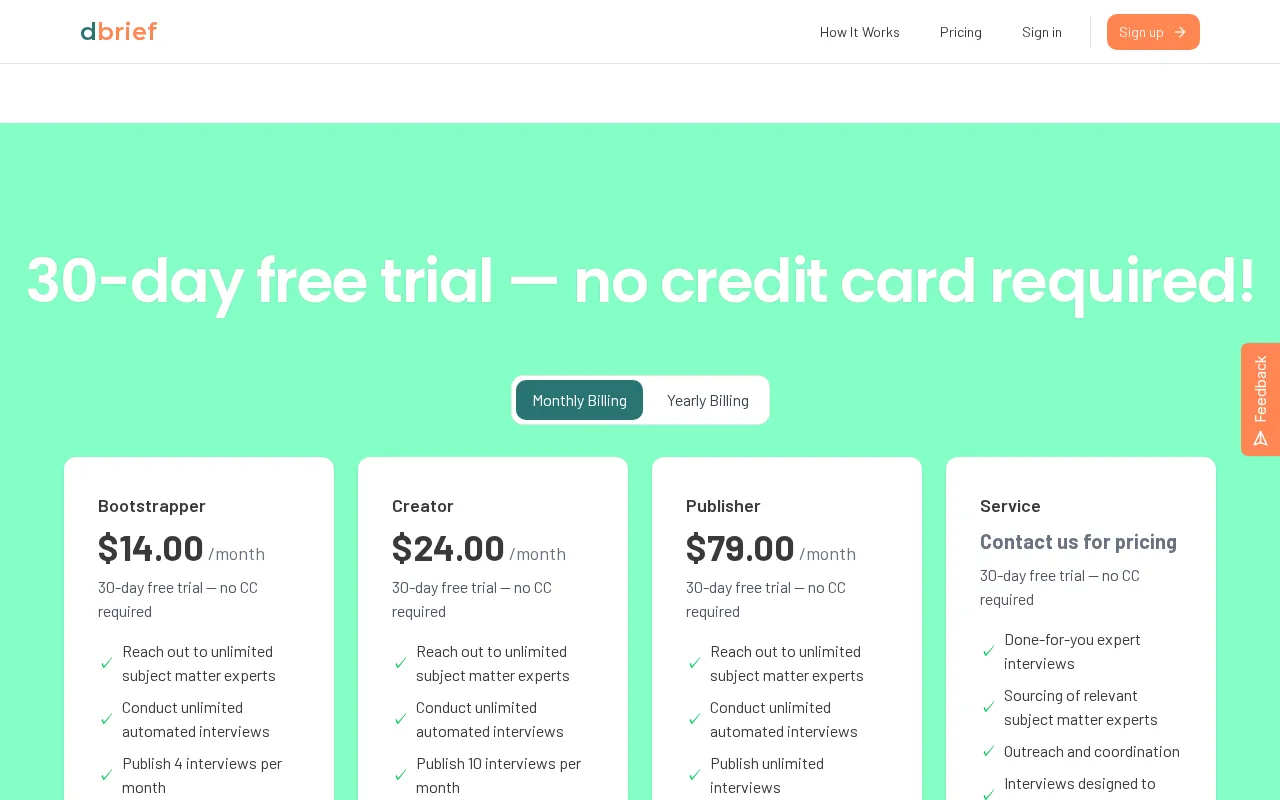dbrief — pricing page