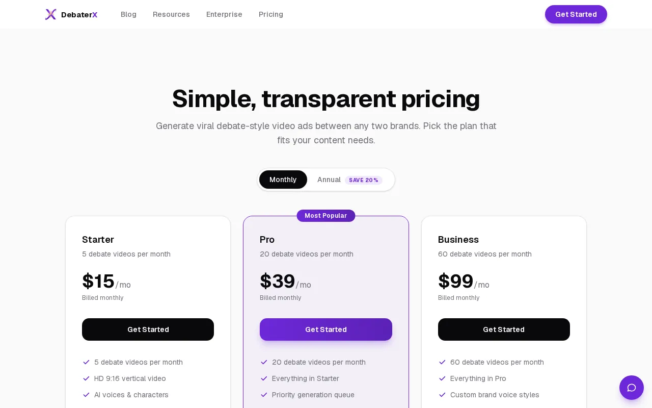 DebaterX — pricing page