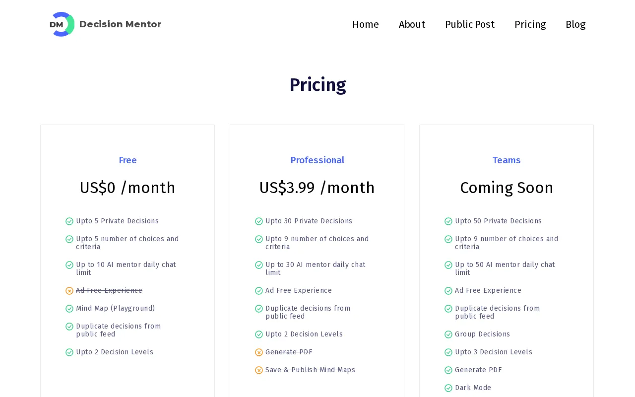 Decisionmentor — pricing page