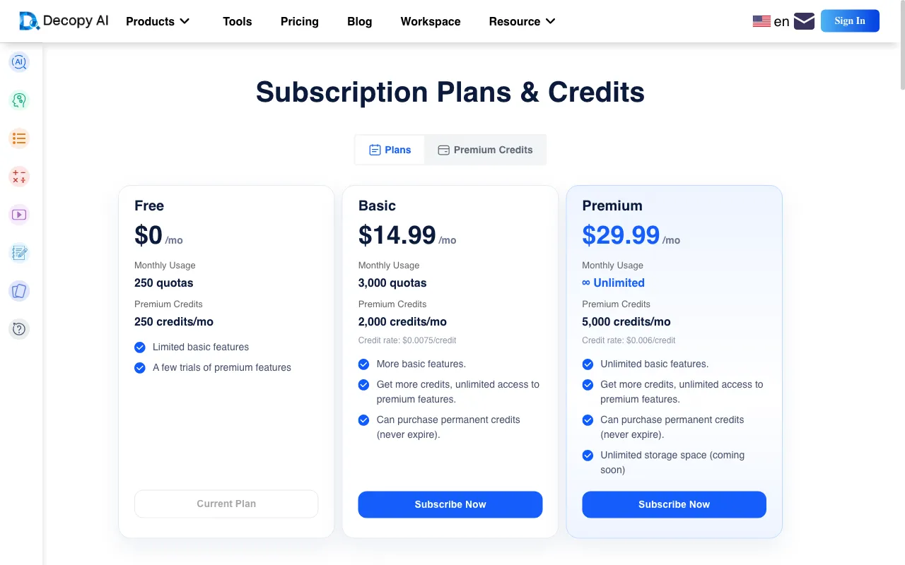 Decopy AI — pricing page