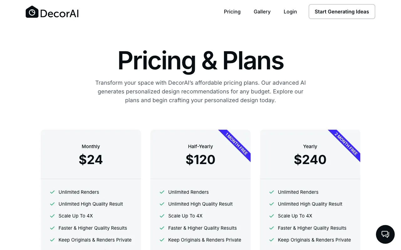 DecorAI — pricing page