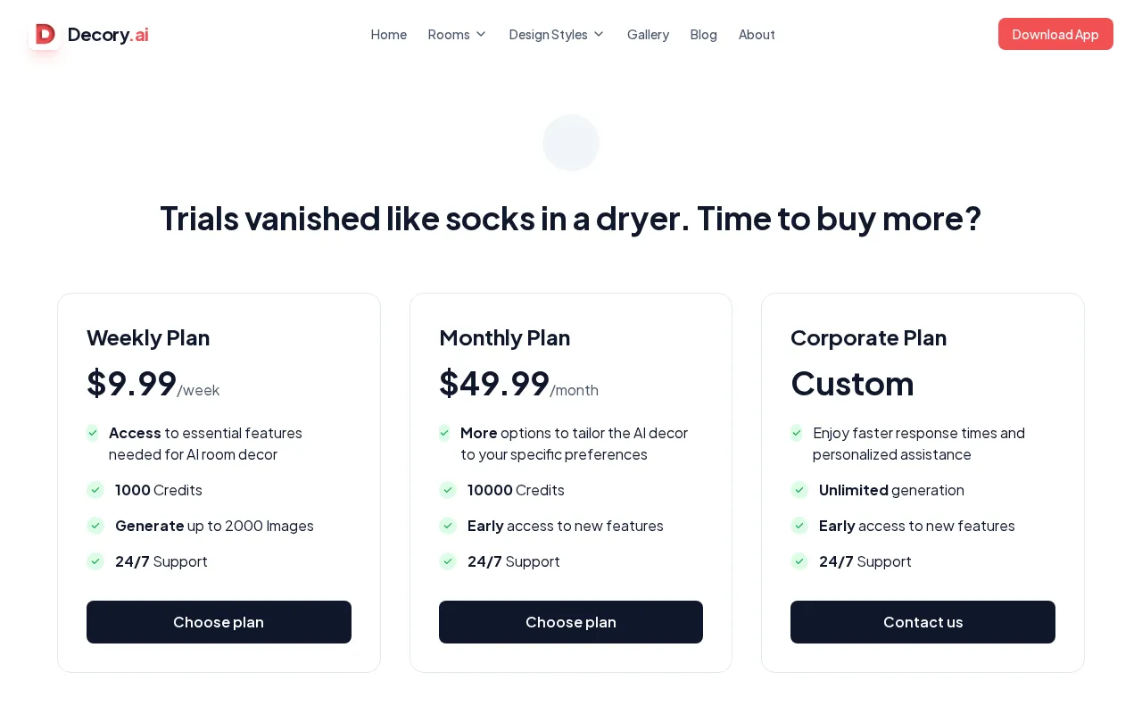 Decory AI — pricing page