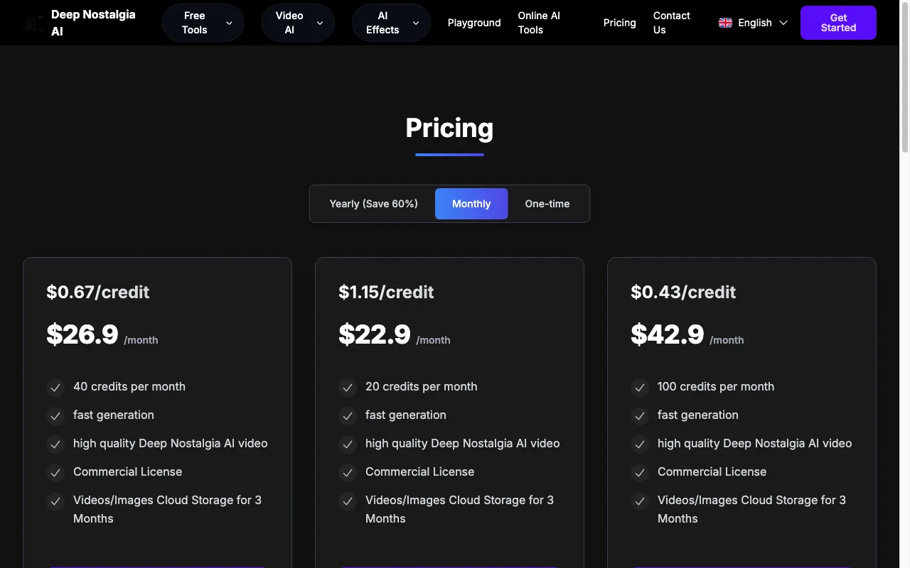 Deep Nostalgia AI COM — pricing page