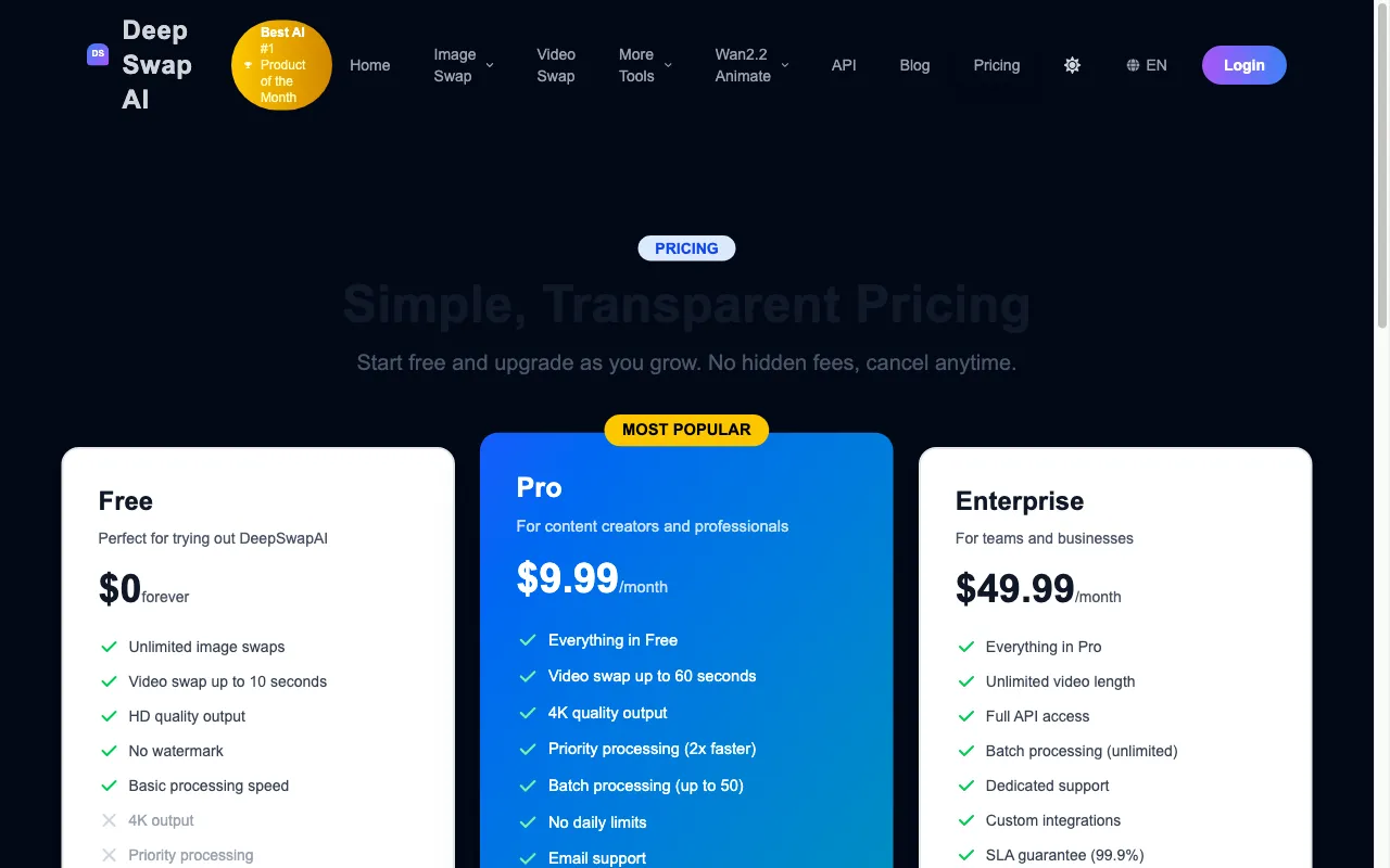 Deep Swap AI — pricing page