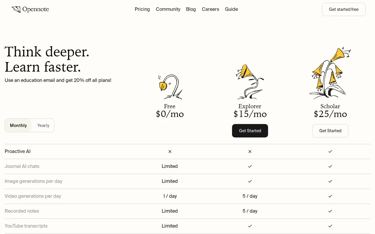 Opennote — pricing page