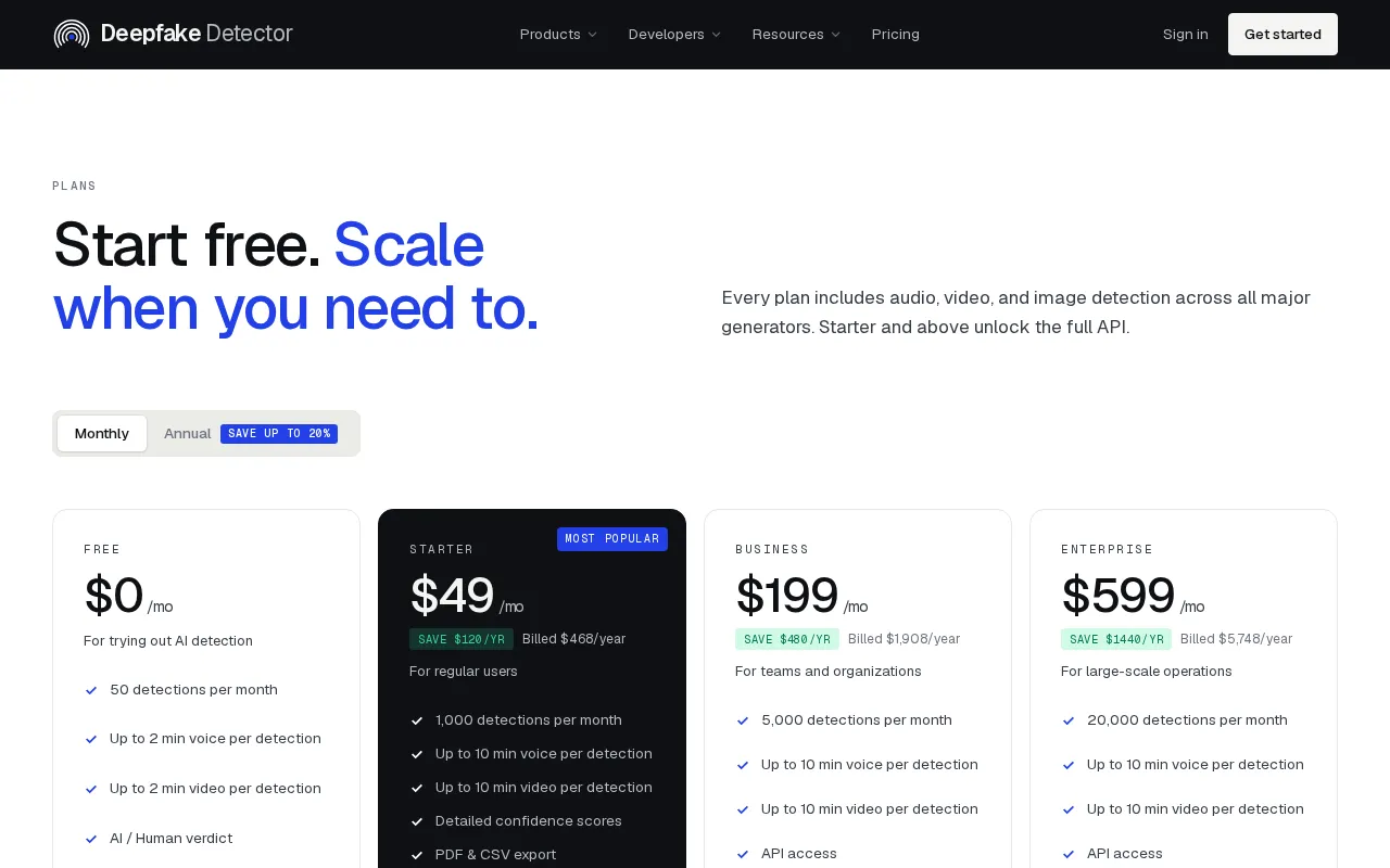 Deepfake Detector — pricing page