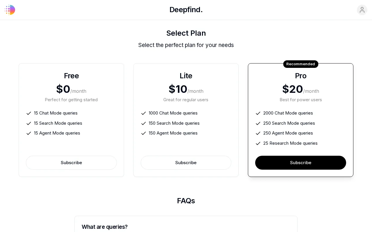 Deepfind — pricing page