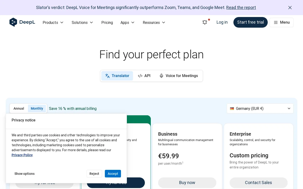 DeepL Translator — pricing page