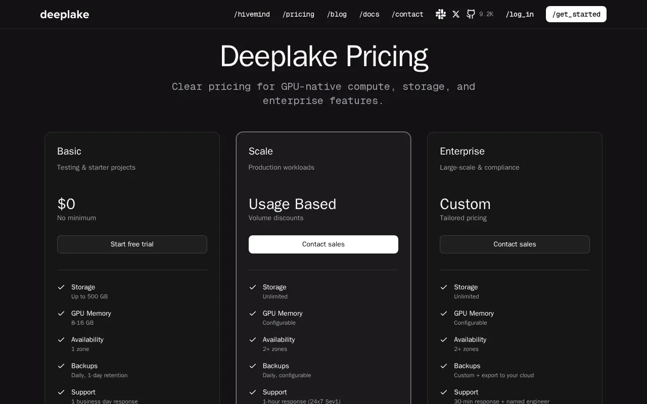 Deeplake — pricing page