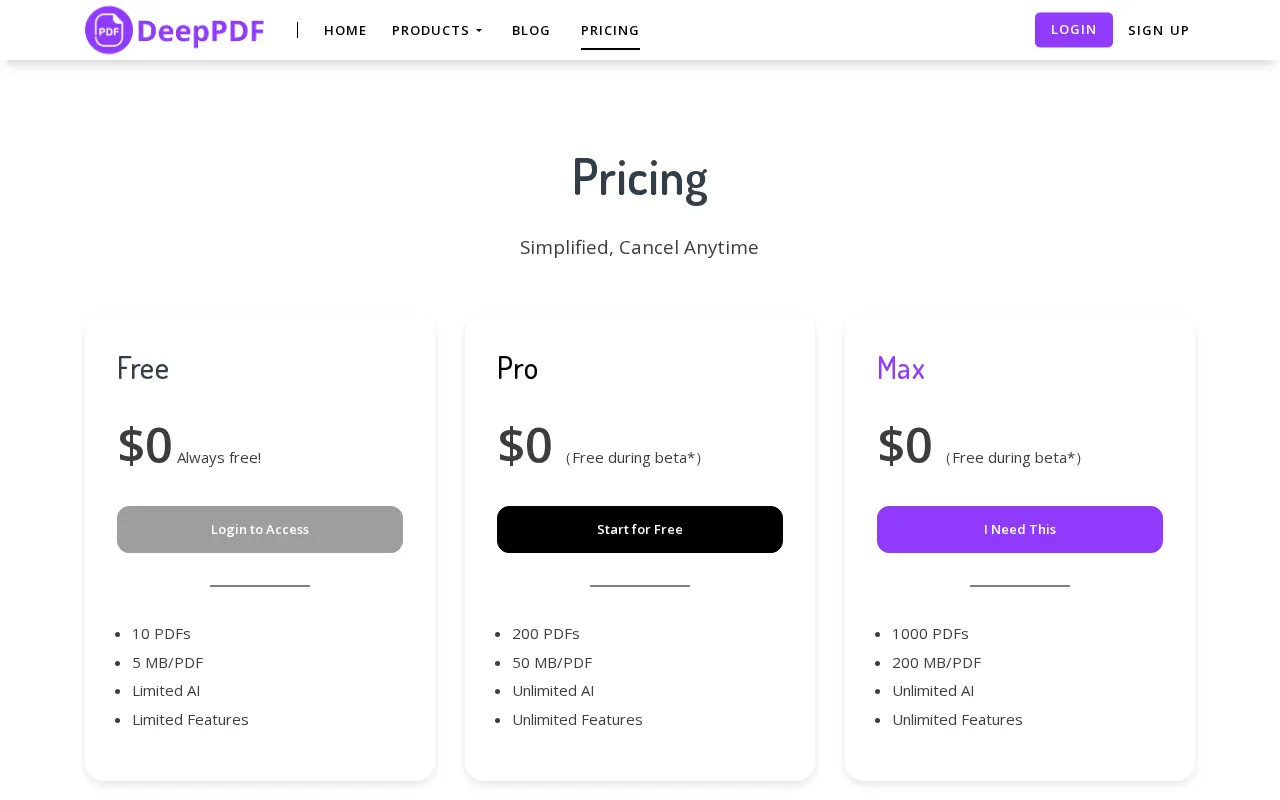 DeepPDF — pricing page