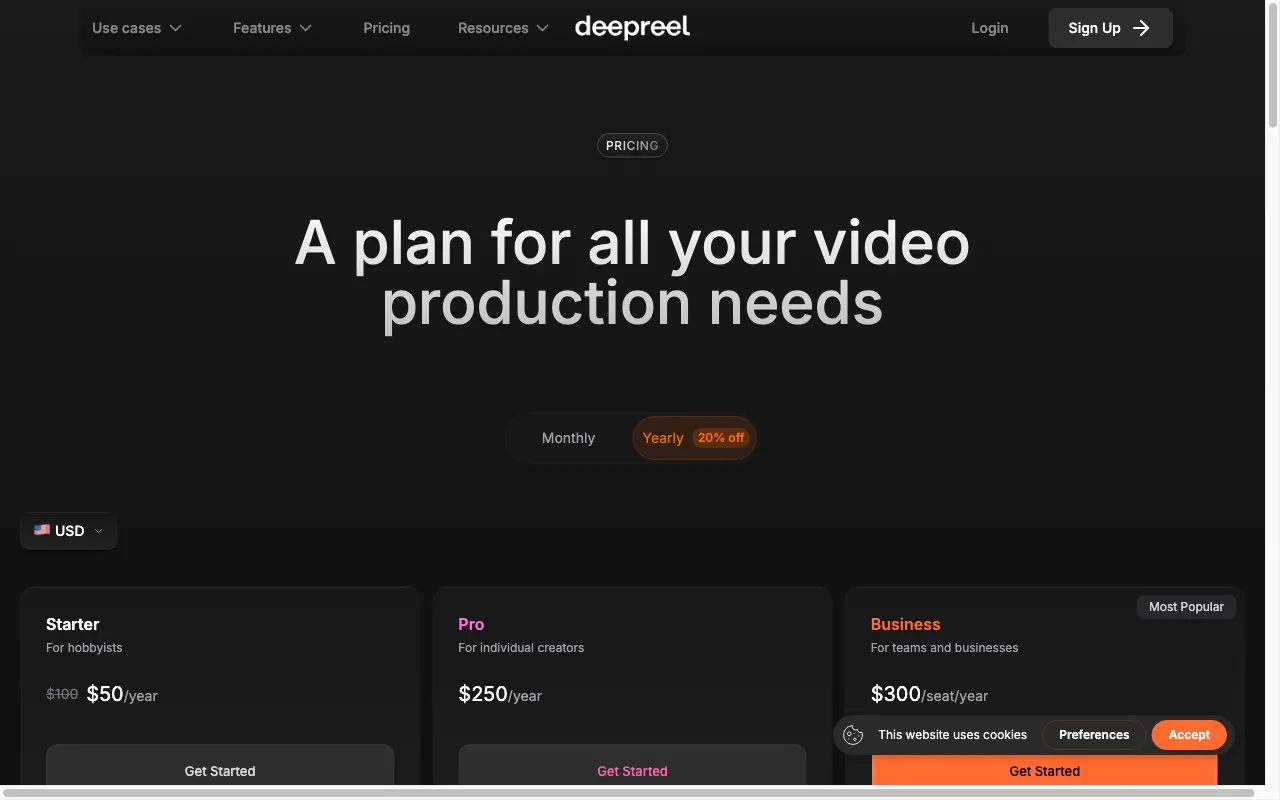 DeepReel — pricing page