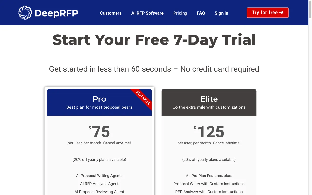 DeepRFP — pricing page