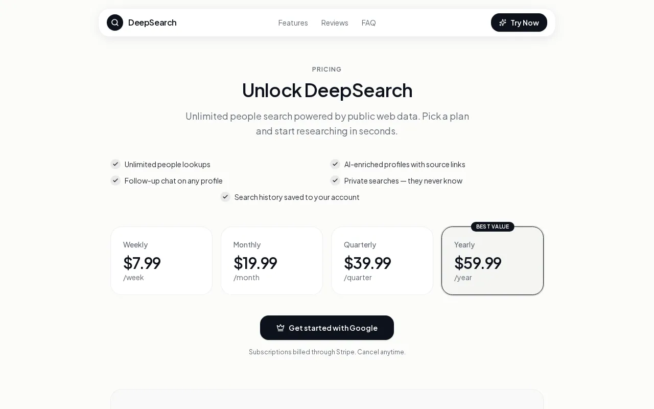 DeepSearch — pricing page
