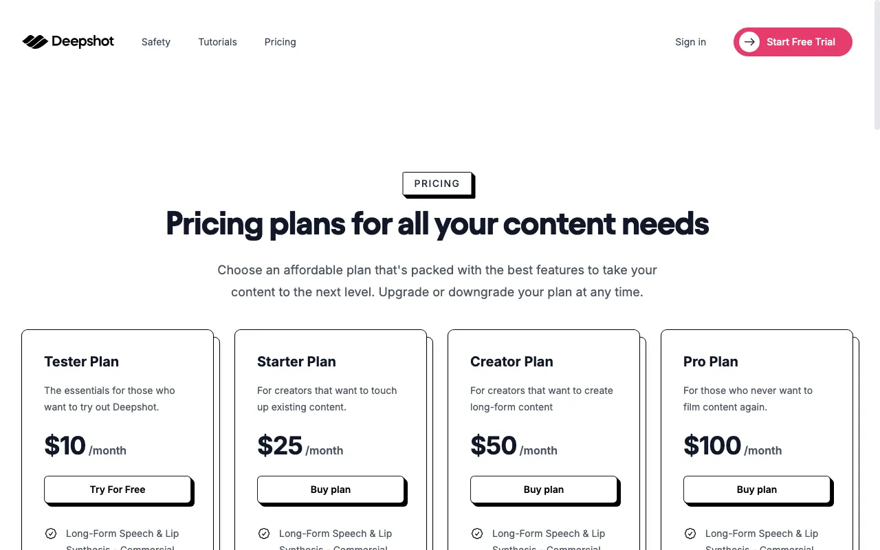 Deepshot AI — pricing page